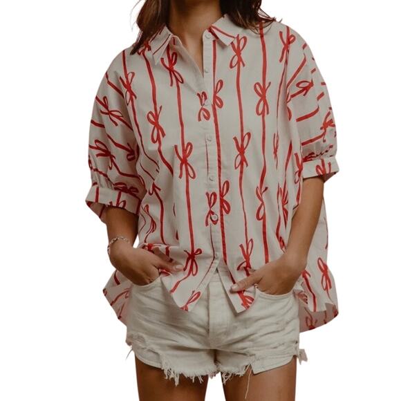 BiBi Bow Ribbon Button Down Holiday Blouse Size Small - Picture 1 of 10